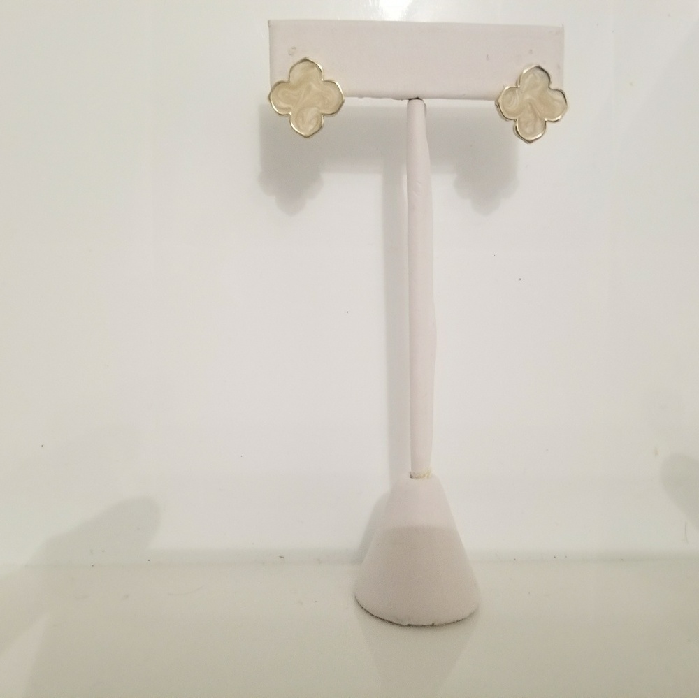 Brand new gold earrings, white enamel clover